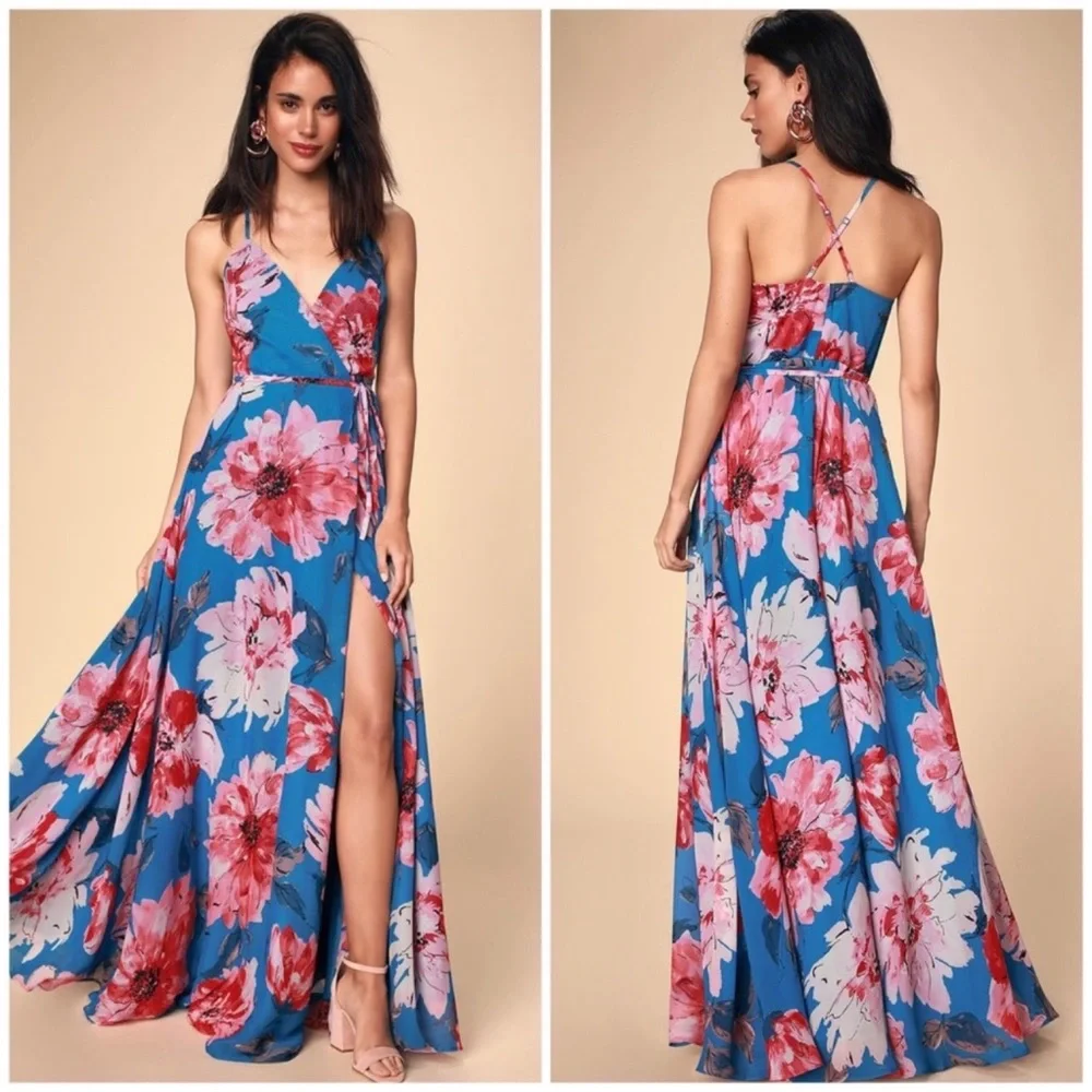 LULUS Always There For Me Blue Floral Print Wrap Maxi Dress
